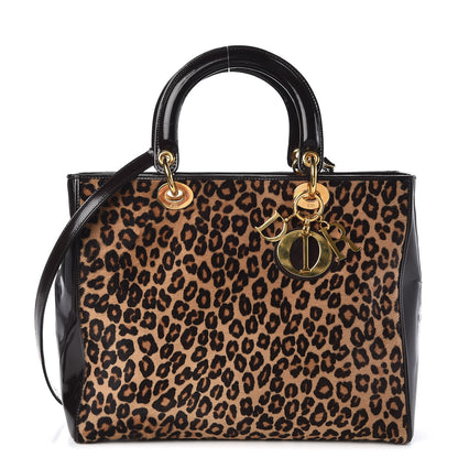 Christian Dior Patent Pony Hair Leopard Print Large Lady Dior Brown 1 of 12