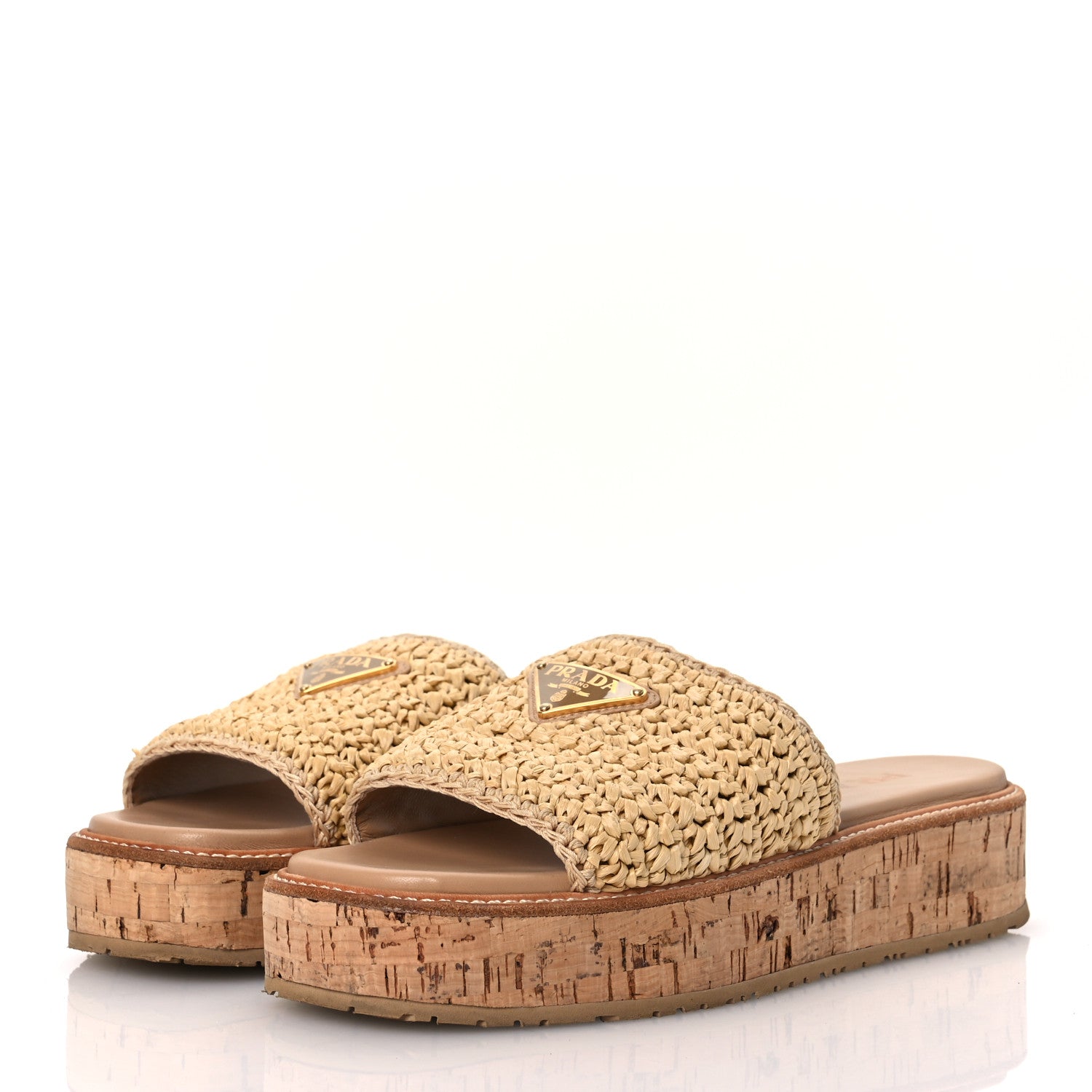 Prada Raffia Cork Metal Triangle Logo Woven Flatform Slide Sandals 38 Naturale 4 of 12