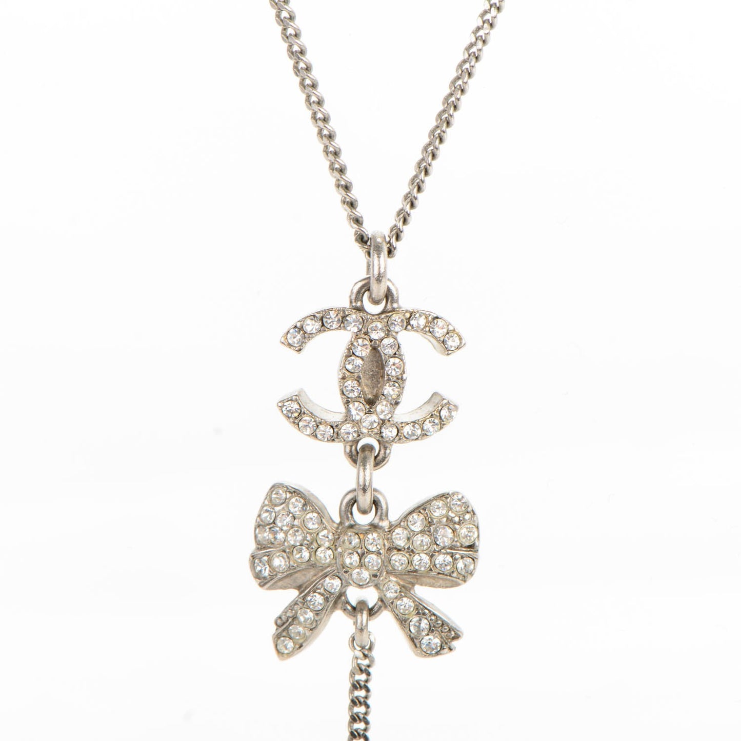 Crystal CC Bow Drop Necklace Silver