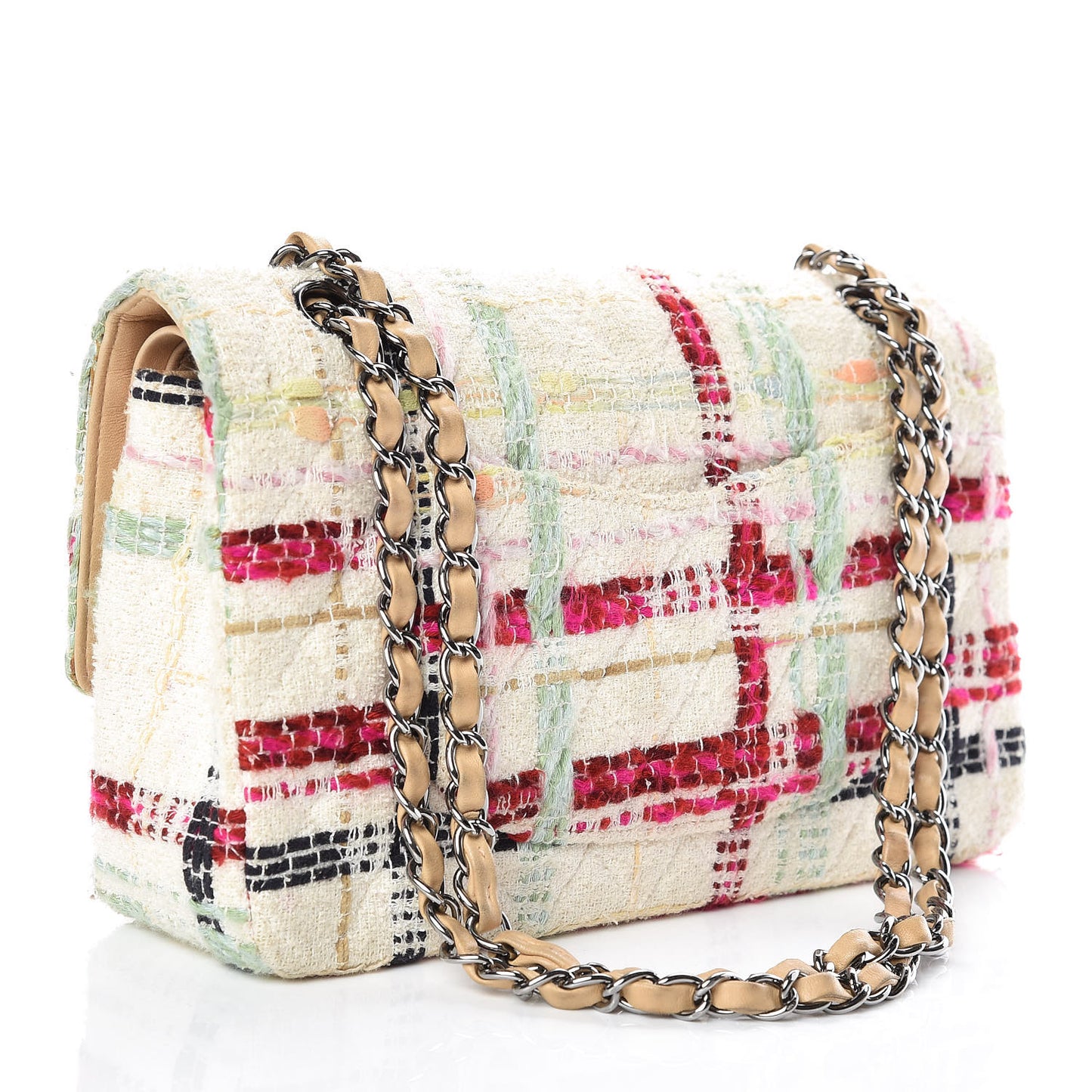 Tweed Quilted Medium Double Flap Beige Pink
