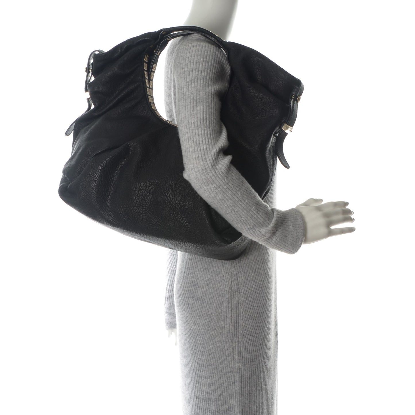 Grained Calfskin Studded Sylvia Hobo Black