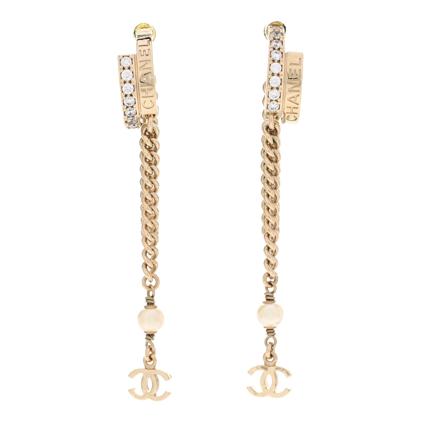 Pearl Crystal CC Long Chain Drop Earrings Gold