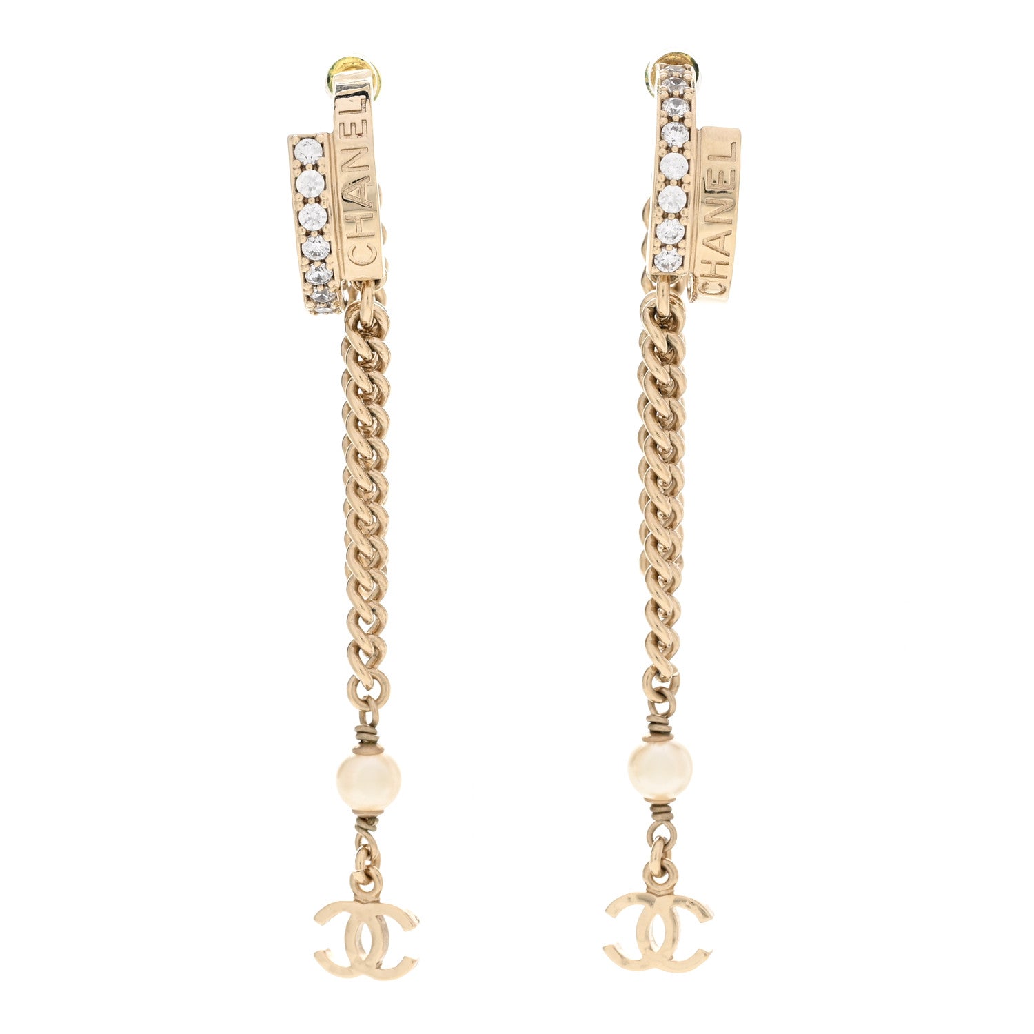 Chanel Pearl Crystal CC Long Chain Drop Earrings Gold 1 of 6
