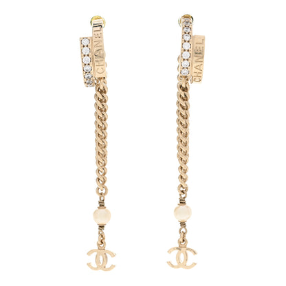 Chanel Pearl Crystal CC Long Chain Drop Earrings Gold 1 of 6