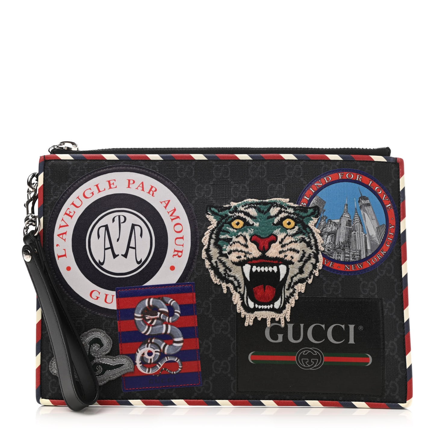 GG Supreme Monogram Night Courrier Zip Wristlet Pouch Black Multicolor