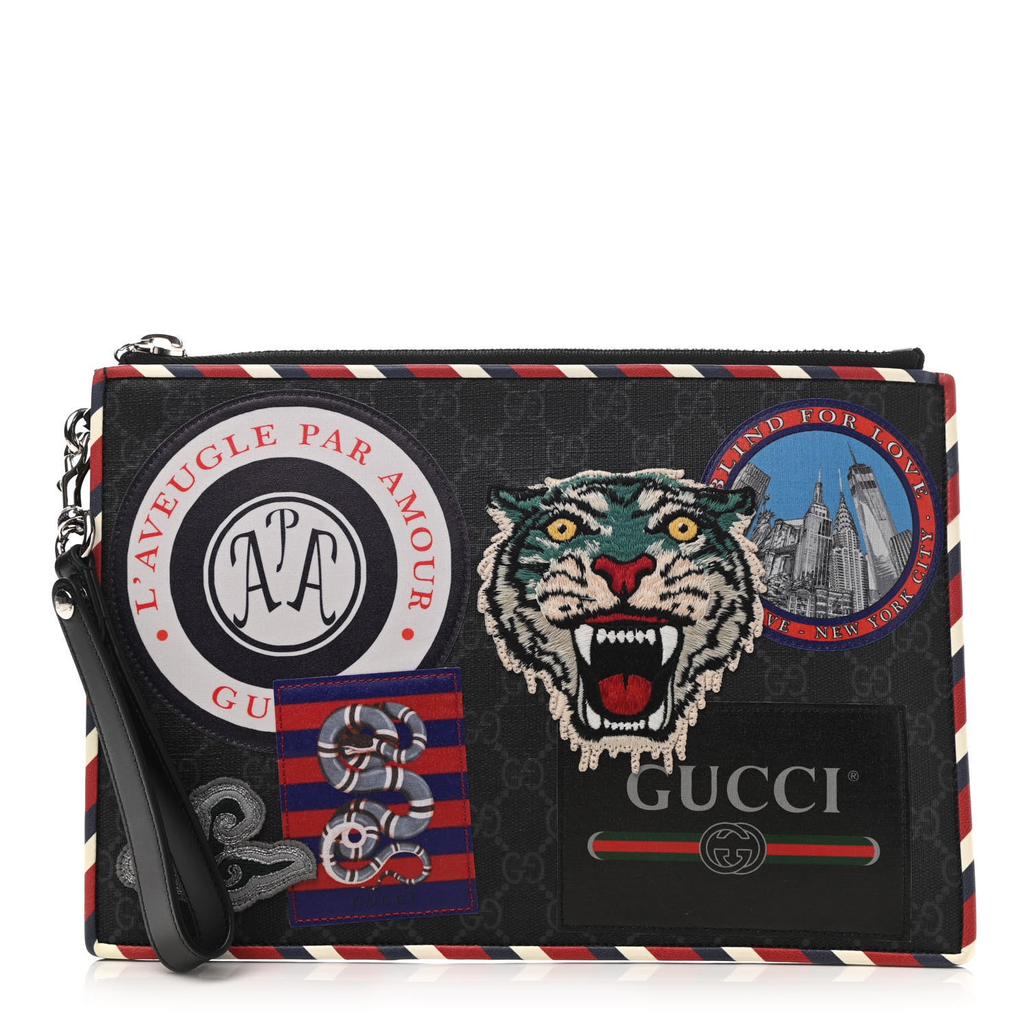 Gucci GG Supreme Monogram Night Courrier Zip Wristlet Pouch Black Multicolor 1 of 8