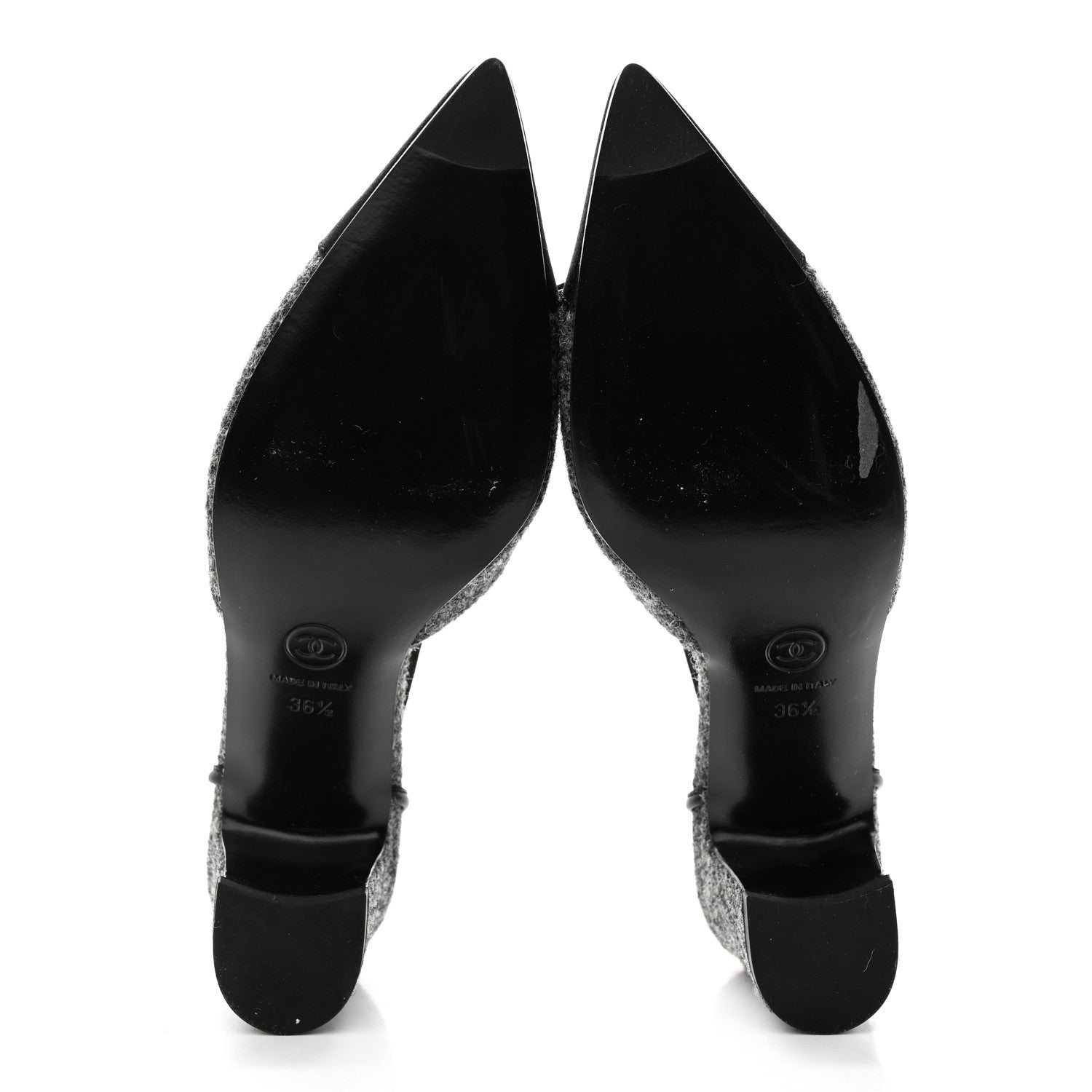 Chanel Tweed Satin Slingback Cap Toe Bow Pumps 36.5 Grey Black 5 of 9