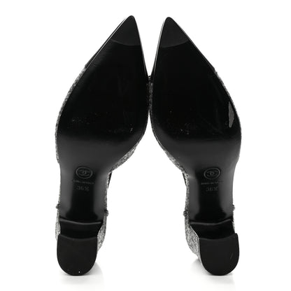 Chanel Tweed Satin Slingback Cap Toe Bow Pumps 36.5 Grey Black 5 of 9