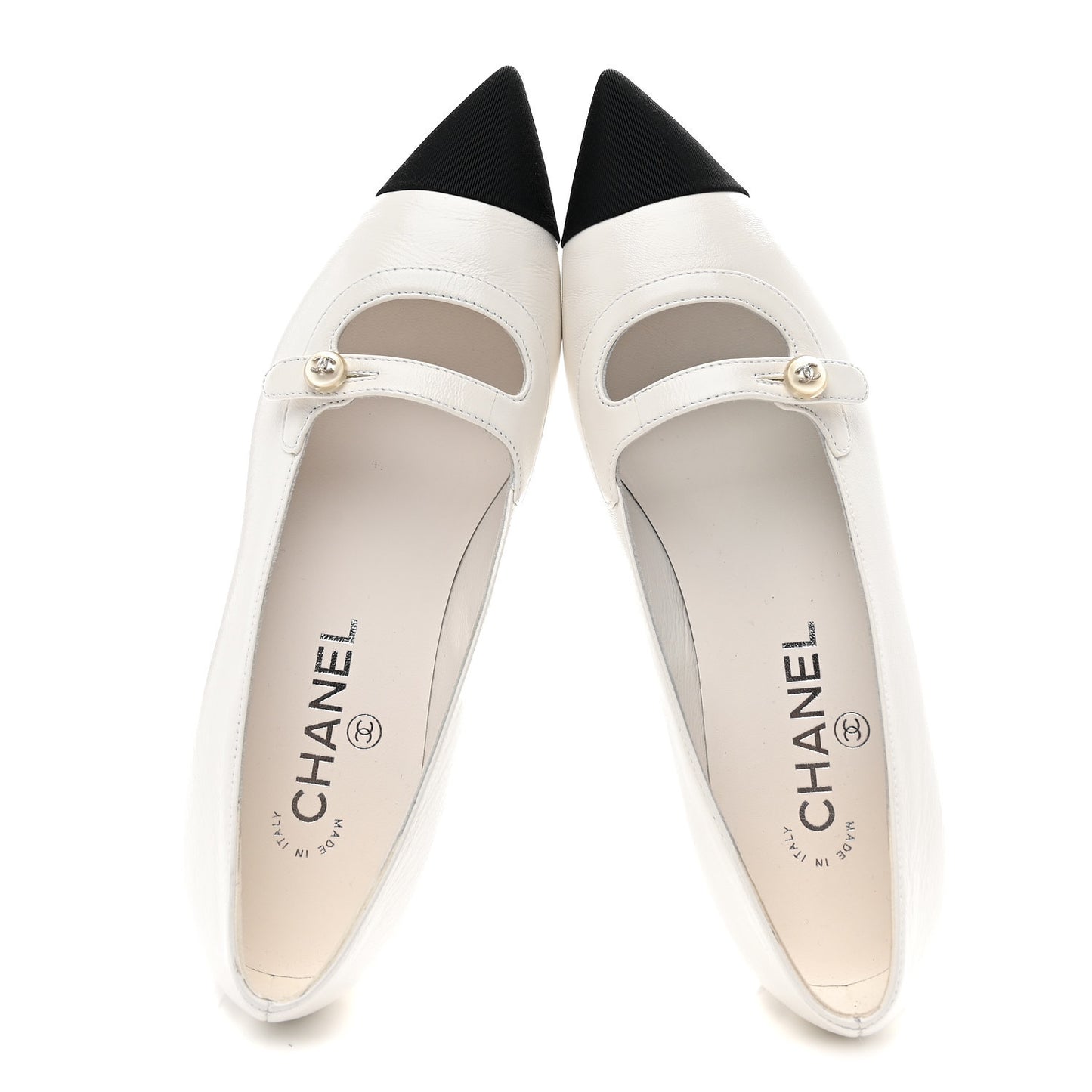 Shiny Lambskin Grosgrain Pearl Mary Janes Flats 38 White Black