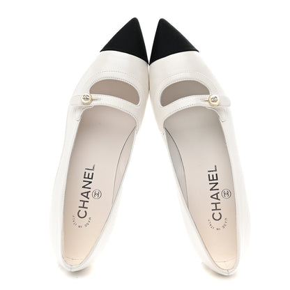Chanel Shiny Lambskin Grosgrain Pearl Mary Janes Flats 38 White Black 2 of 10