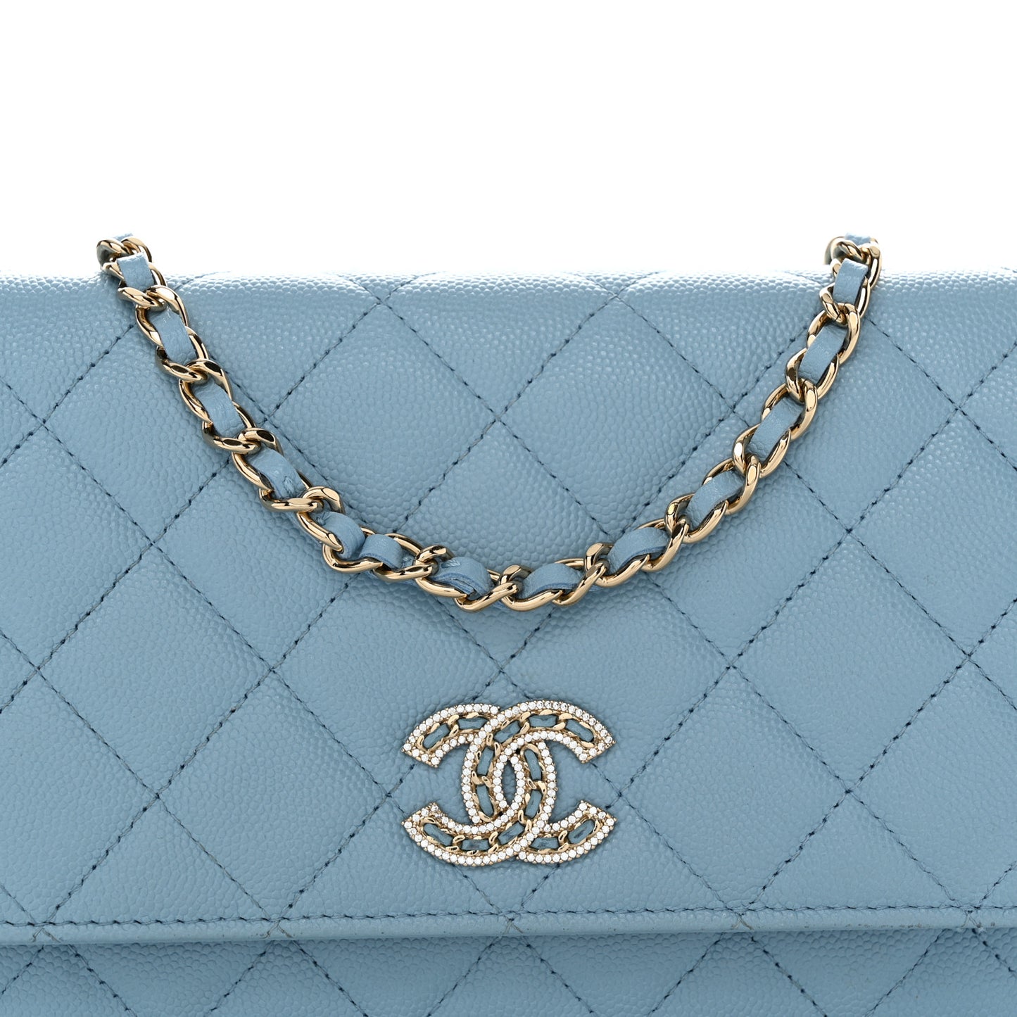 Caviar Quilted Crystal CC Wallet On Chain WOC Light Blue