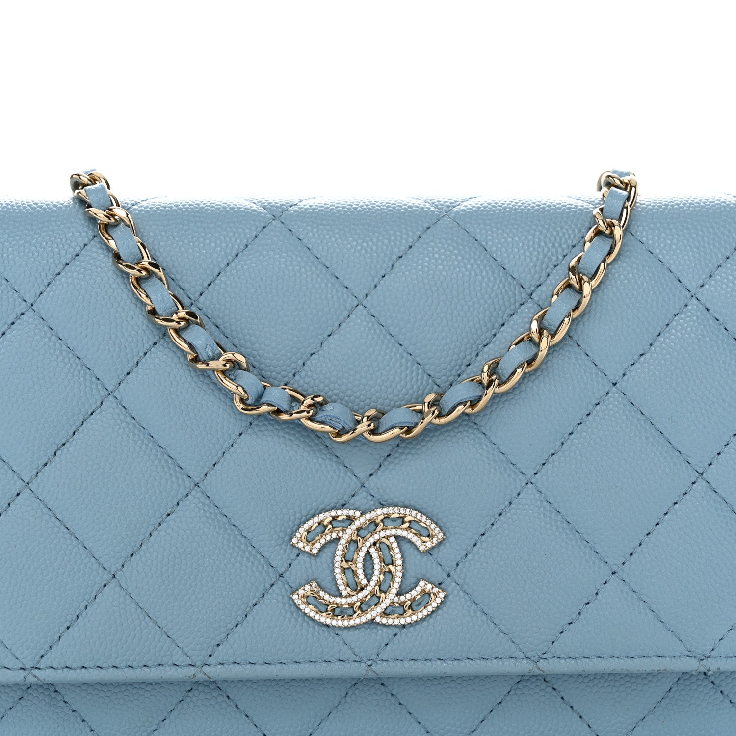 Chanel Caviar Quilted Crystal CC Wallet On Chain WOC Light Blue 9 of 12