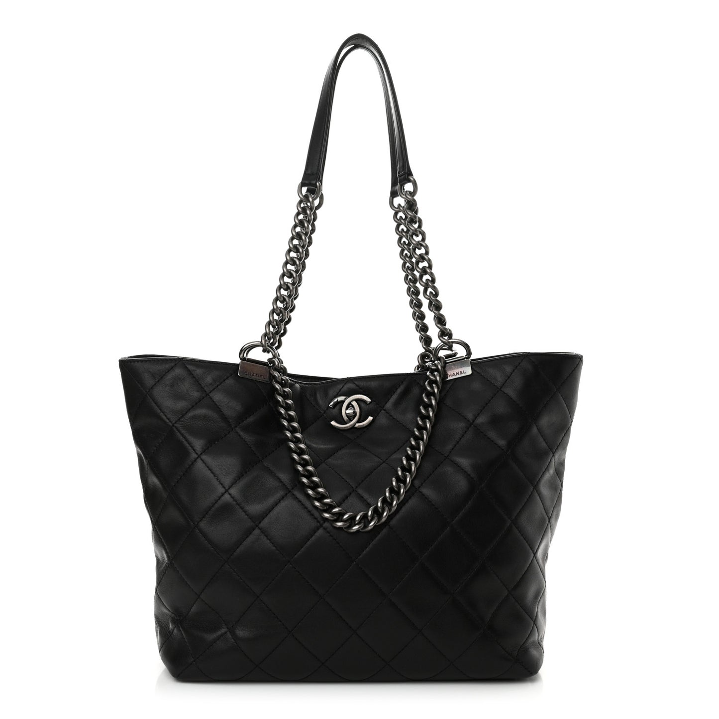 Calfskin Quilted Large Shopping In Chains Tote Black