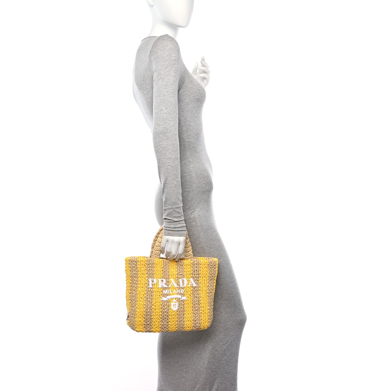 Prada Yarn Raffia Effect Crochet Striped Small Logo Tote Naturale Giallo 2 of 9