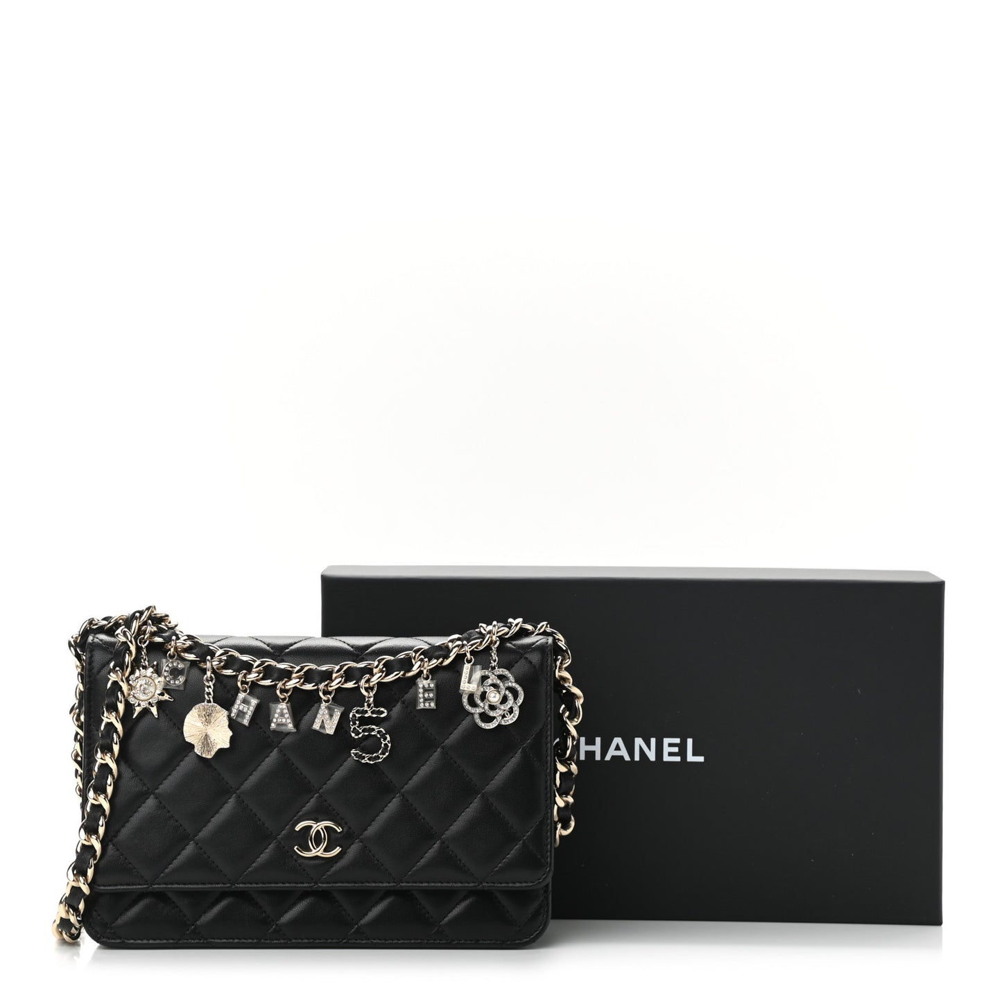 Lambskin Quilted Coco Charms Wallet On Chain Black