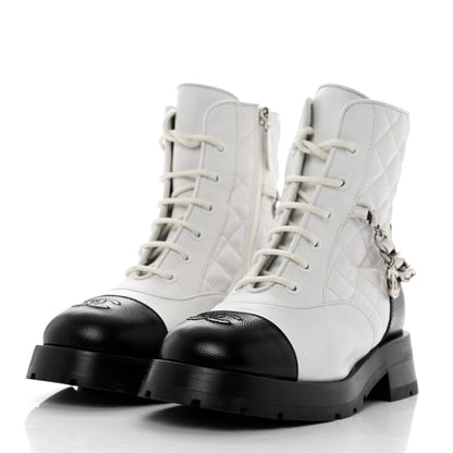 Chanel Caviar Calfskin Quilted Chain Lace Up Combat Boots 35.5 White Black 3 of 9