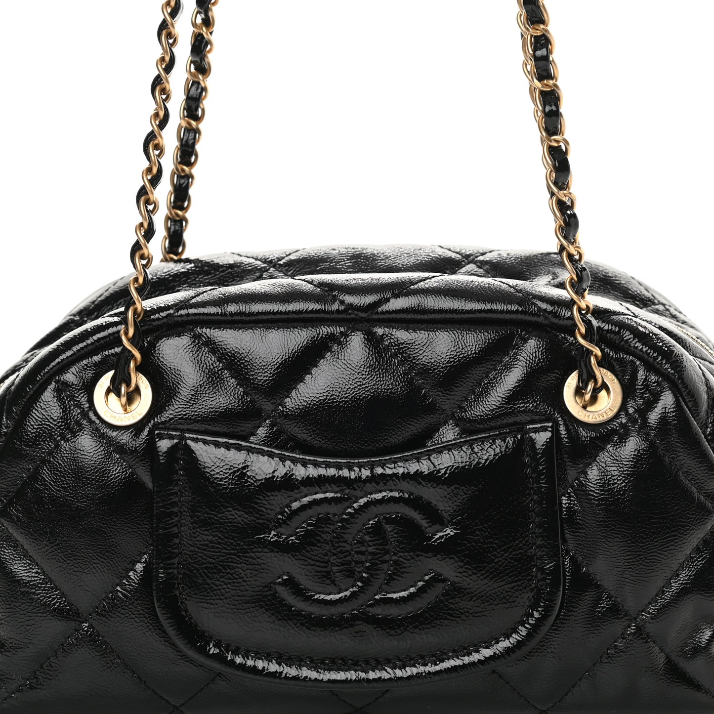 Shiny Aged Calfskin Quilted Bowler Bag Black