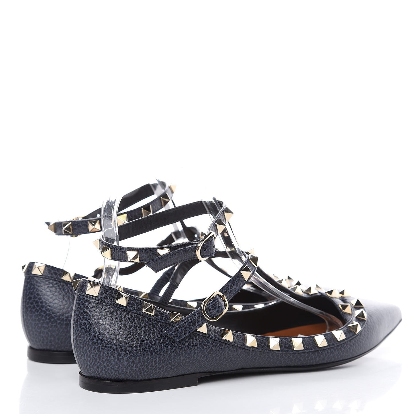 Pebbled Calfskin Rockstud Cage Ballerina Flats 40.5 Deep Denim