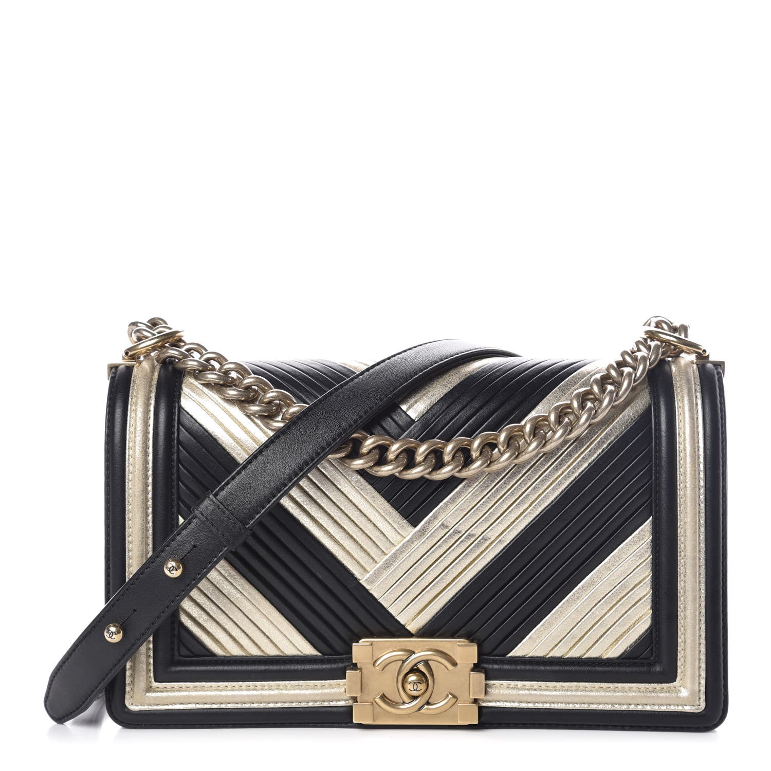 Chanel Metallic Calfskin Pleated Medium Boy In Rome Flap Black Gold 1 of 14
