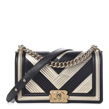 Chanel Metallic Calfskin Pleated Medium Boy In Rome Flap Black Gold 1 of 14