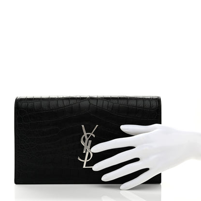 Saint Laurent Calfskin Crocodile Embossed Classic Kate Monogram Clutch Black 2 of 8
