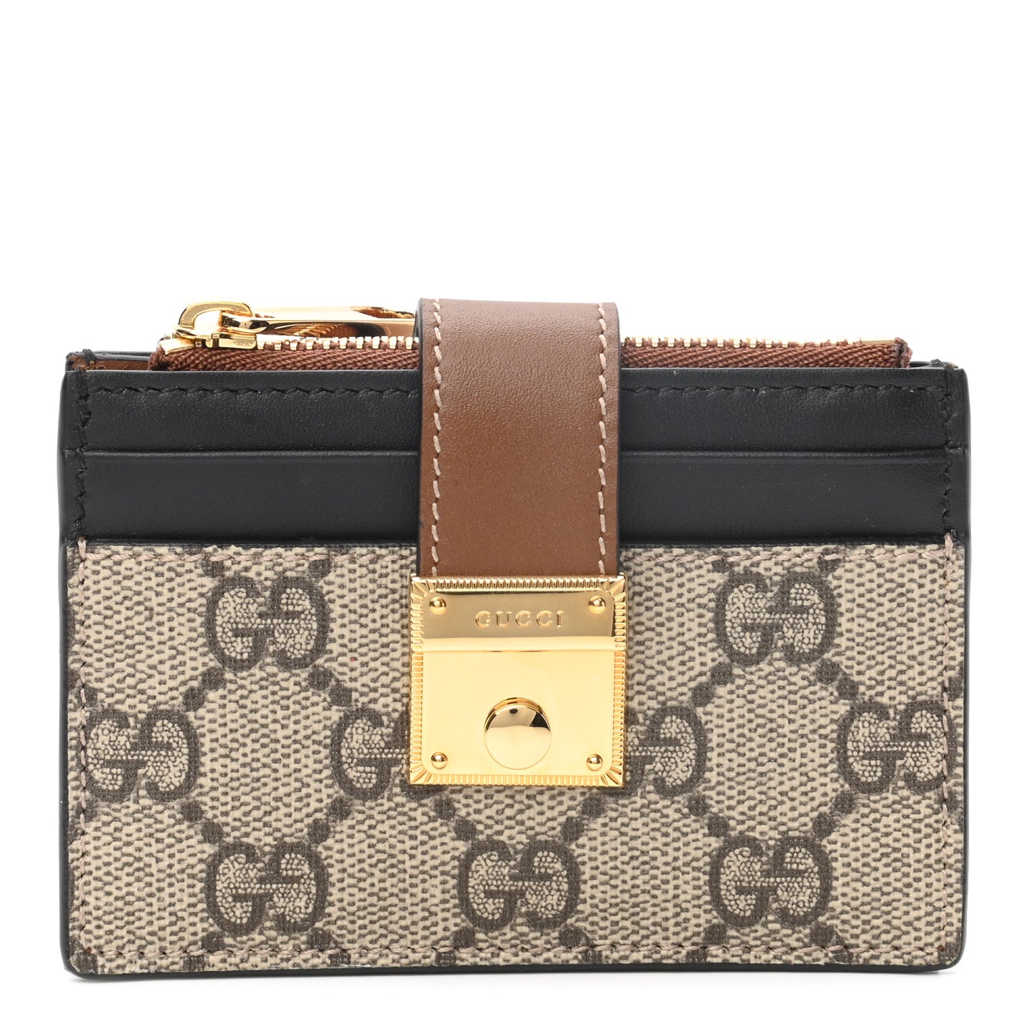 GG Supreme Monogram Padlock Card Case Wallet Beige Ebony