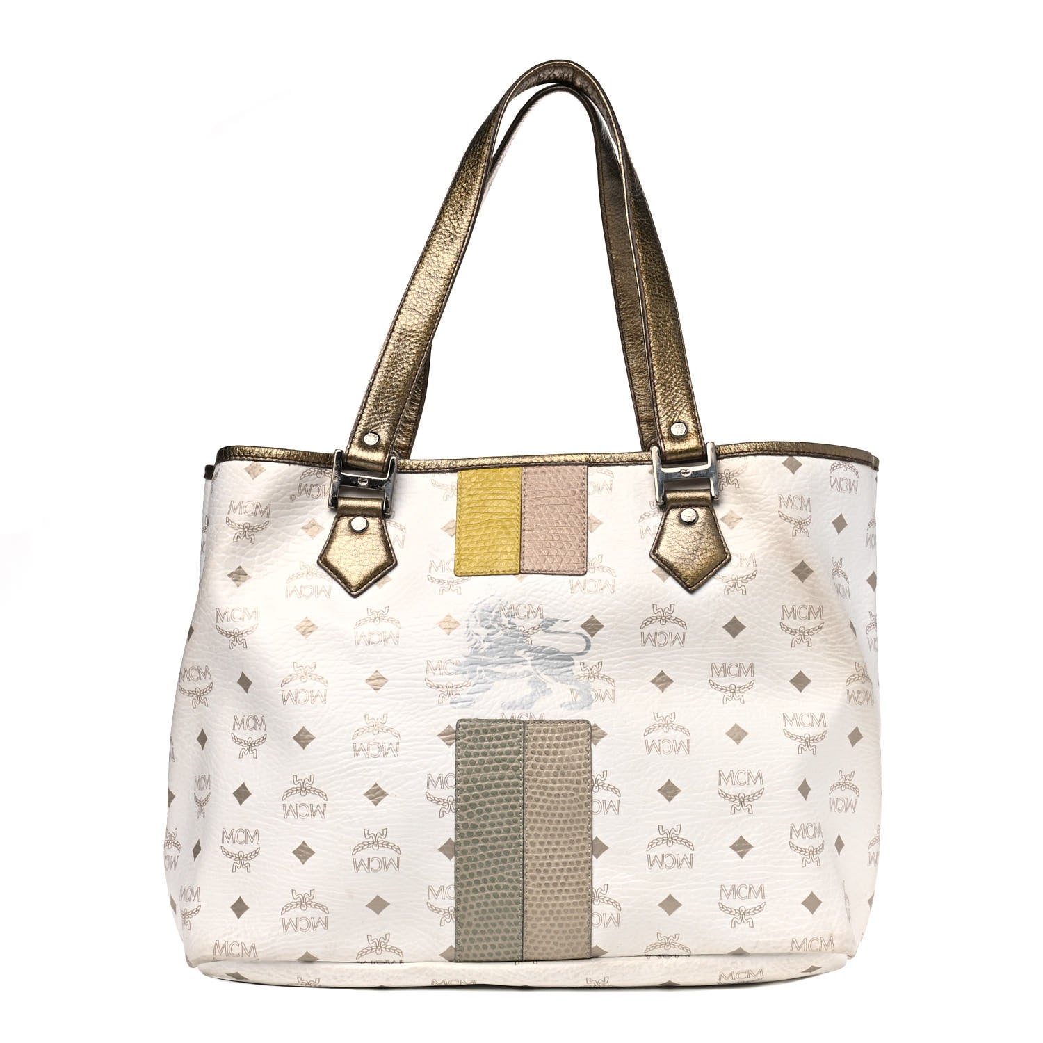 MCM Visetos Striped Munich Lion Tote White 1 of 11