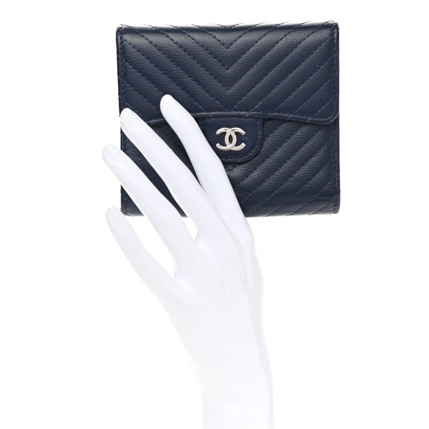 Caviar Chevron Quilted Compact Flap Wallet Navy