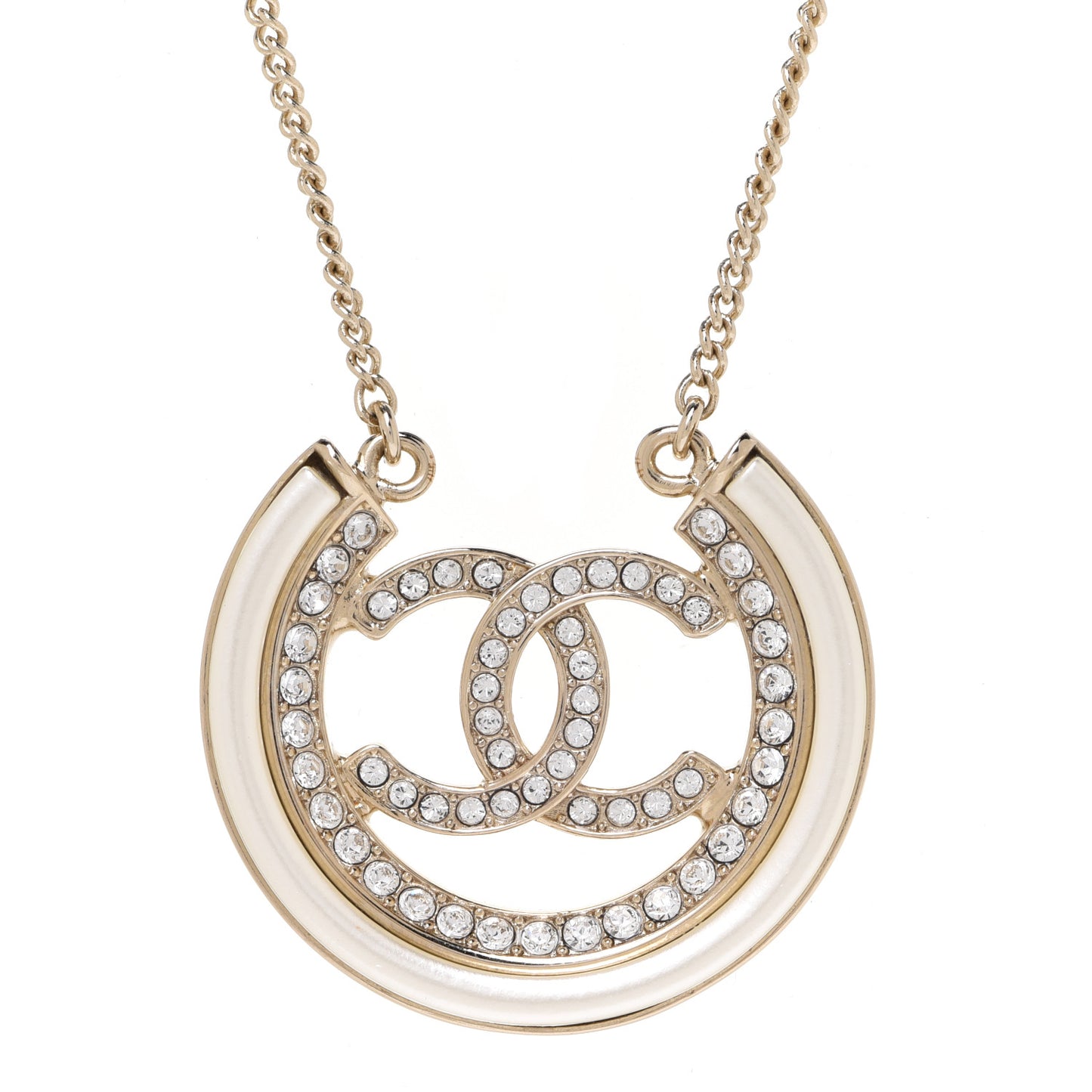 Pearl Crystal CC Pendant Necklace Gold