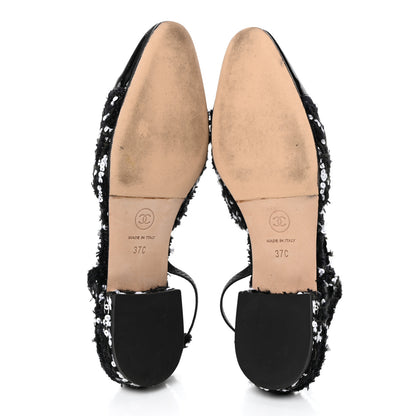 Chanel Tweed Sequin Patent Cap Toe CC Slingback Flats 37 Black 6 of 9