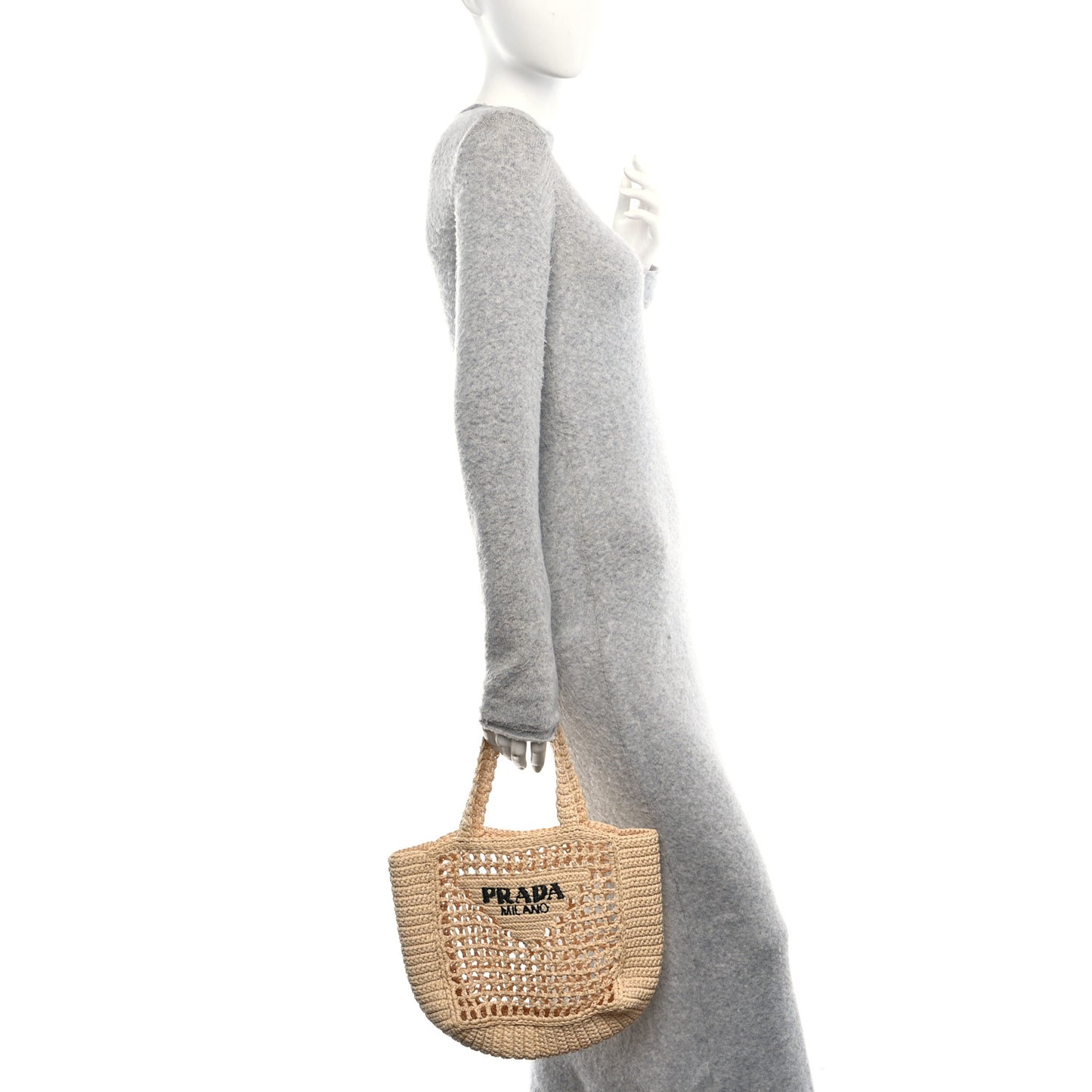 Yarn Raffia Effect Crochet Logo Embroidered Small Tote Bag Naturale