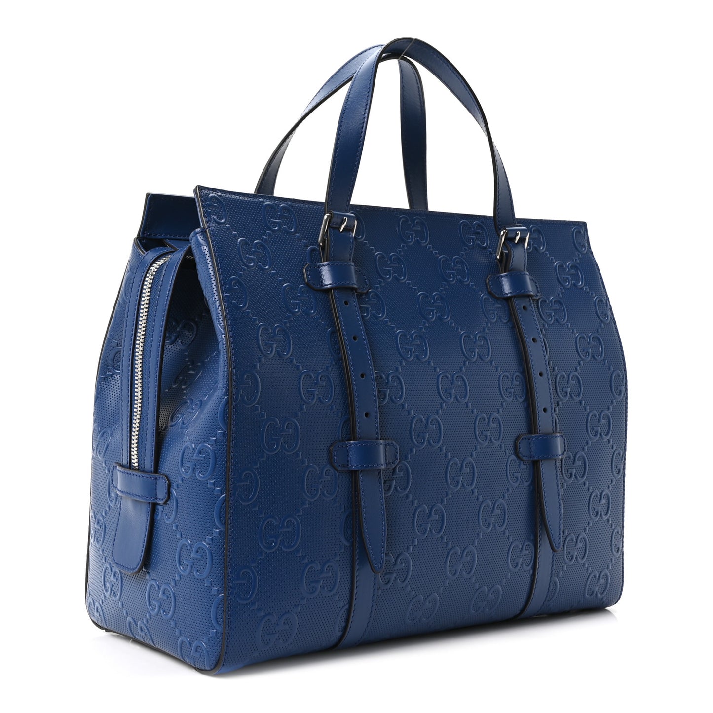 Calfskin GG Tennis Embossed Tote Bag Intense Metal Blue