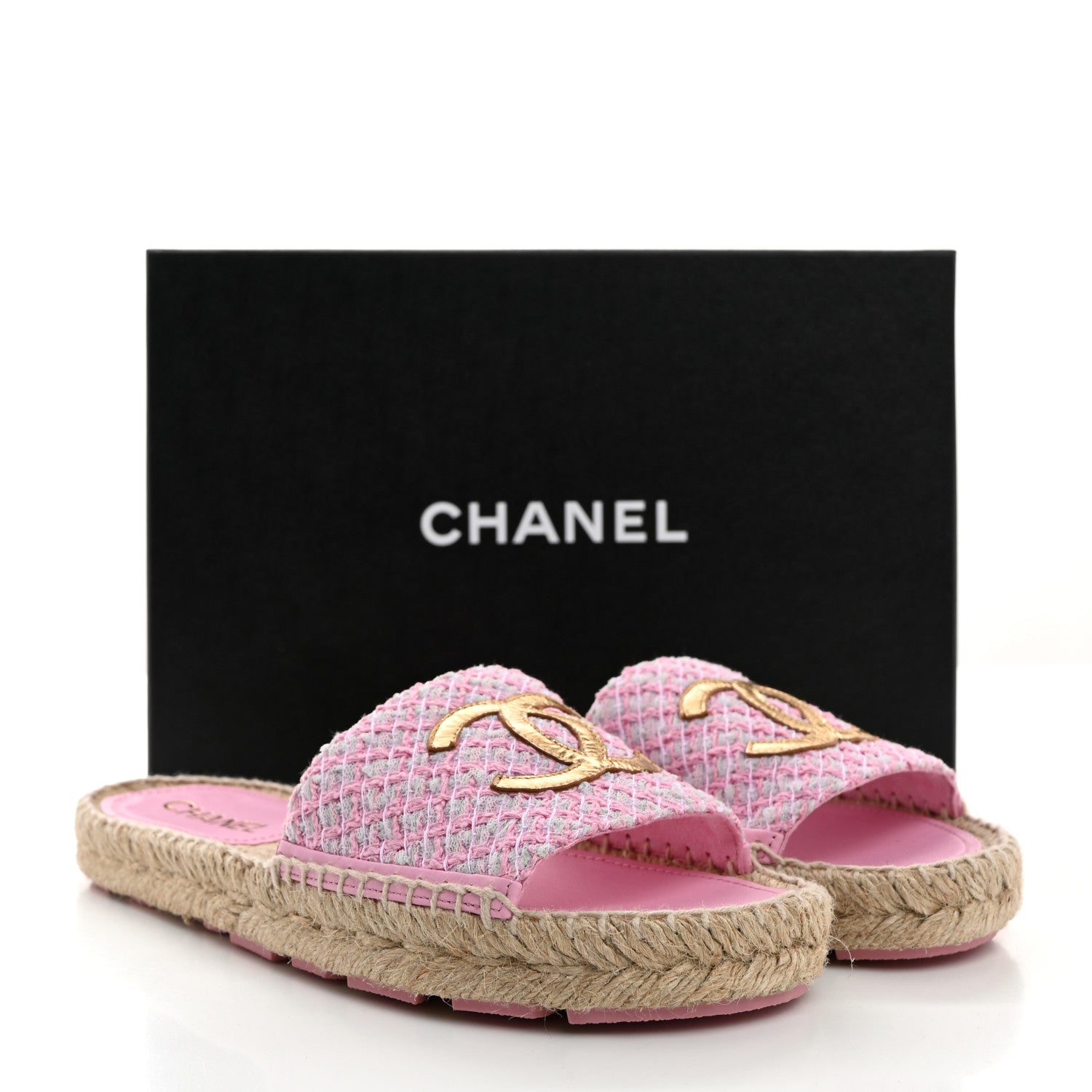 Chanel Tweed Laminated Lambskin CC Slide Sandals 38 Light Pink Gold 9 of 9