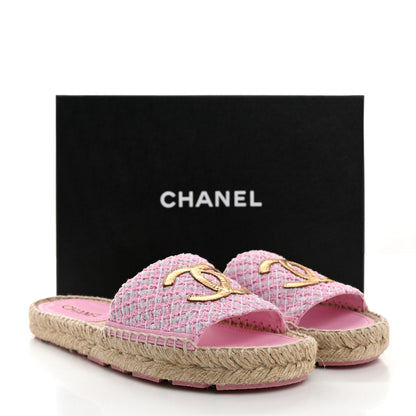 Chanel Tweed Laminated Lambskin CC Slide Sandals 38 Light Pink Gold 9 of 9