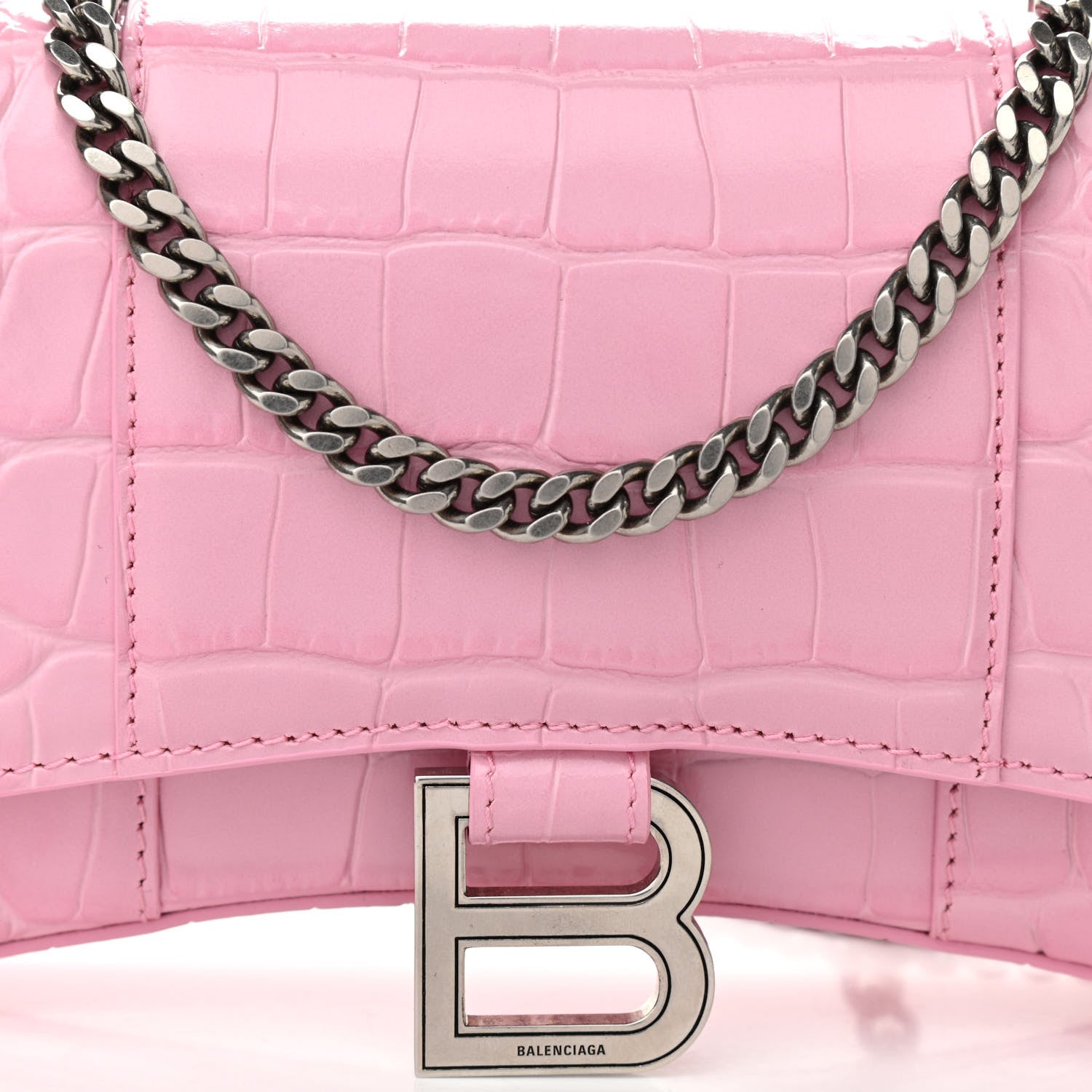 Balenciaga Shiny Calfskin Crocodile Embossed Hourglass Chain Bag Candy Pink 7 of 10
