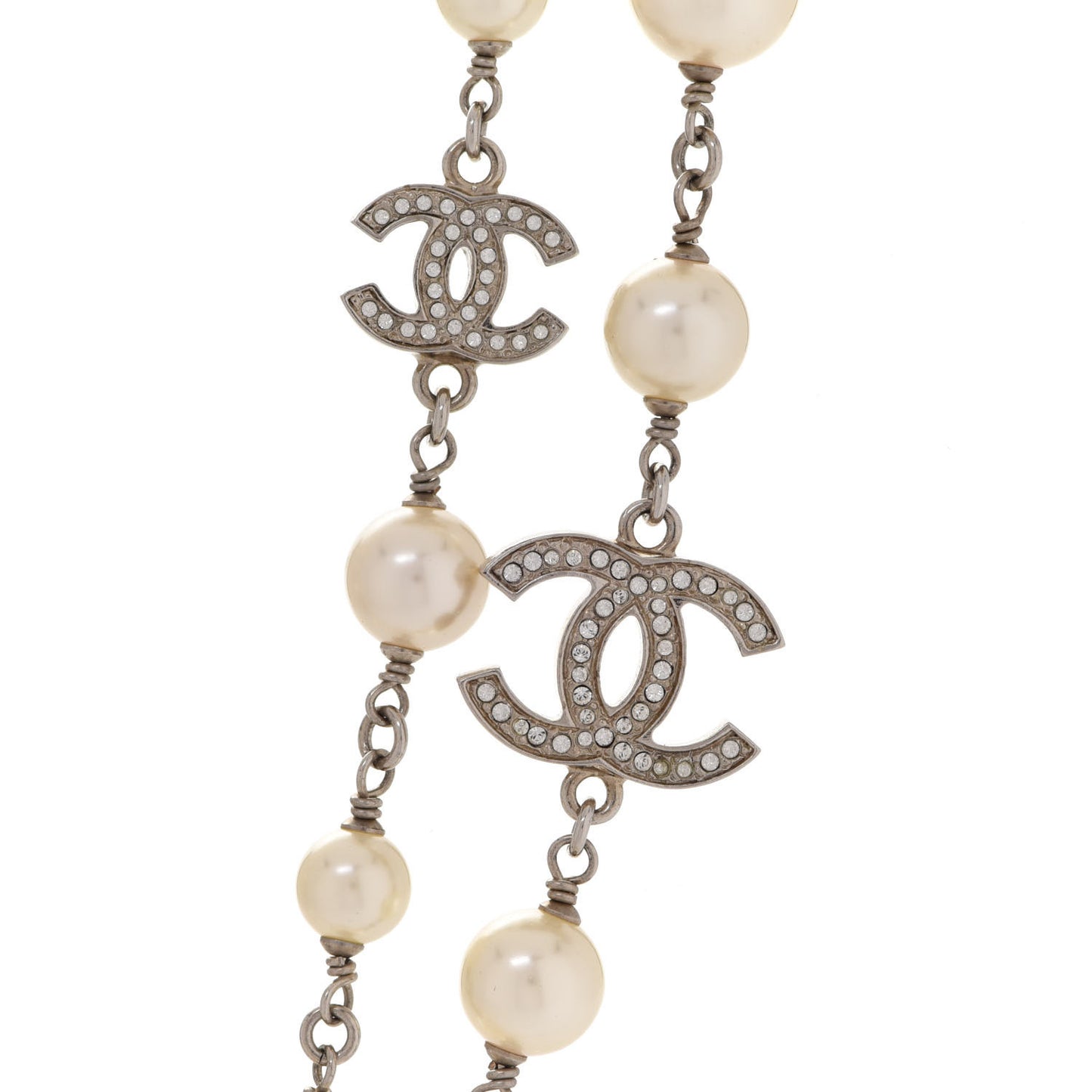 Crystal Pearl CC Long Necklace Silver