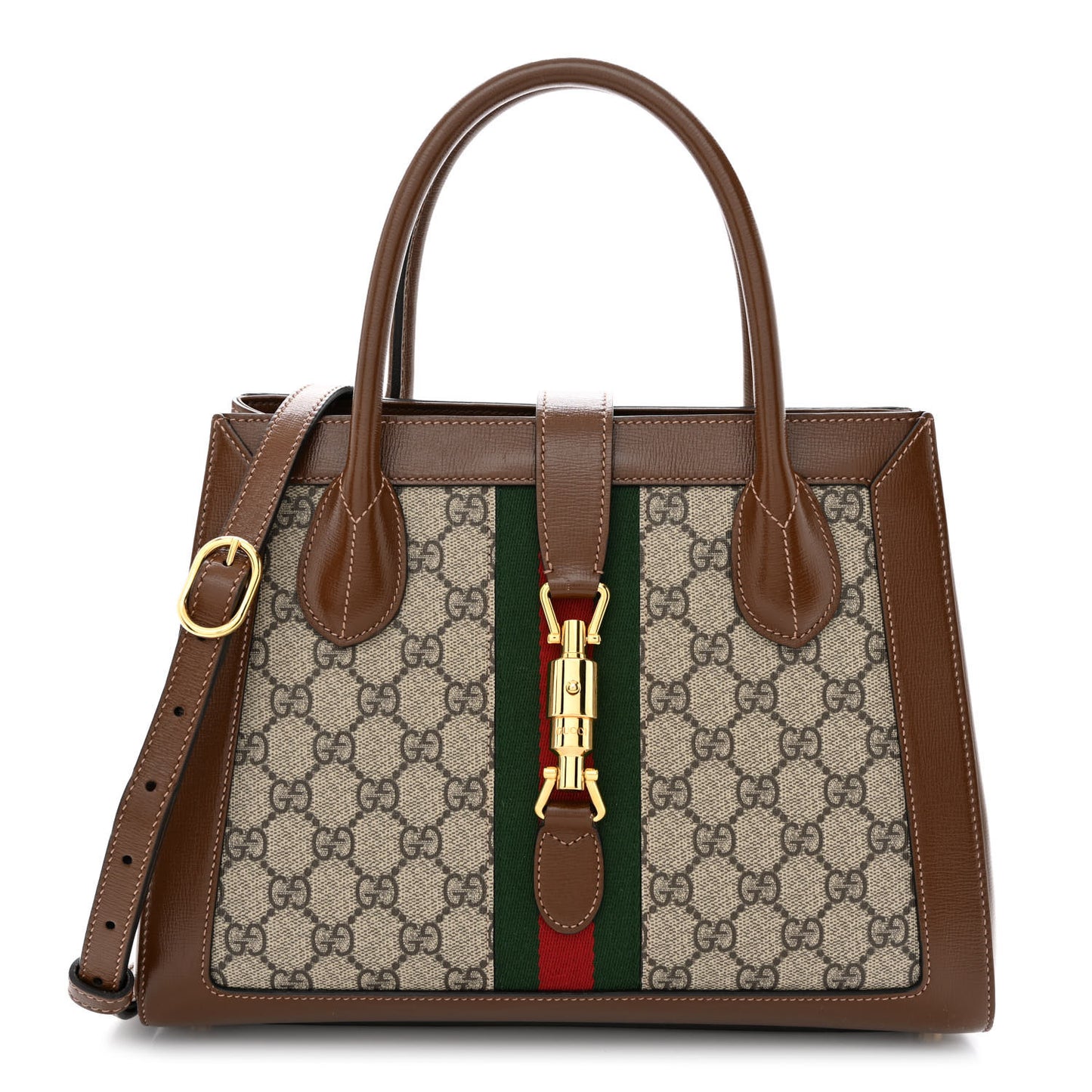 GG Supreme Monogram Azalea Calfskin Web Medium Jackie 1961 Tote Beige Ebony Brown Sugar