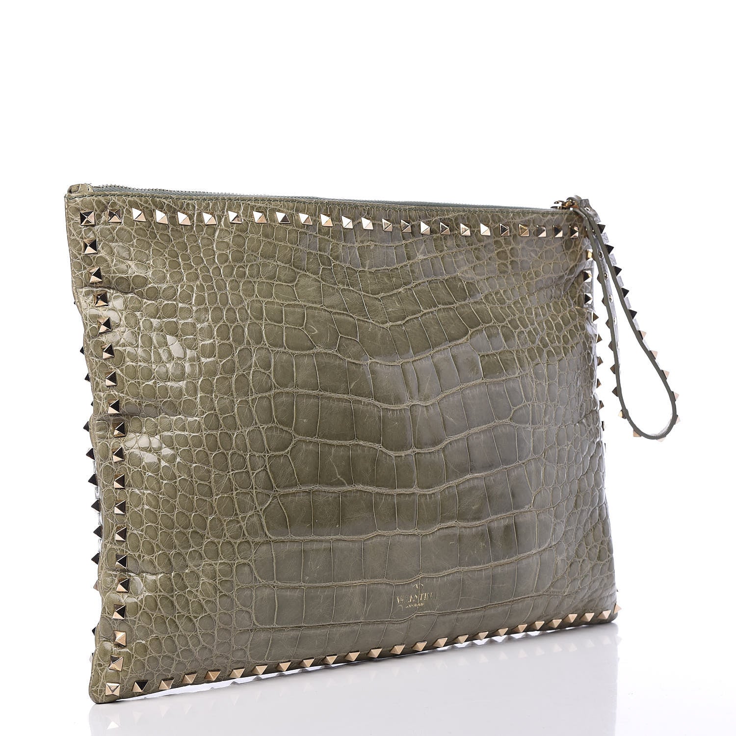 Valentino Garavani Alligator Oversized Rockstud Zip Wristlet Pouch Green 3 of 13