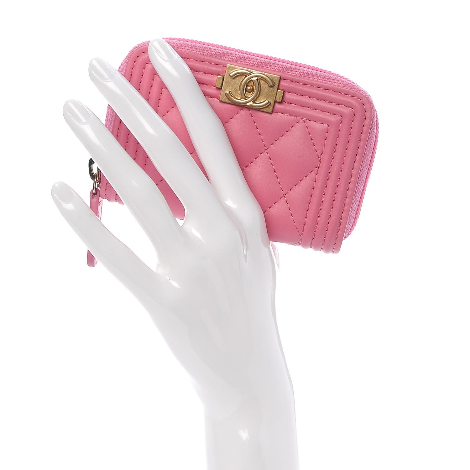Chanel Calfskin Quilted Boy Zip Around Coin Purse Wallet Pink 2 of 8