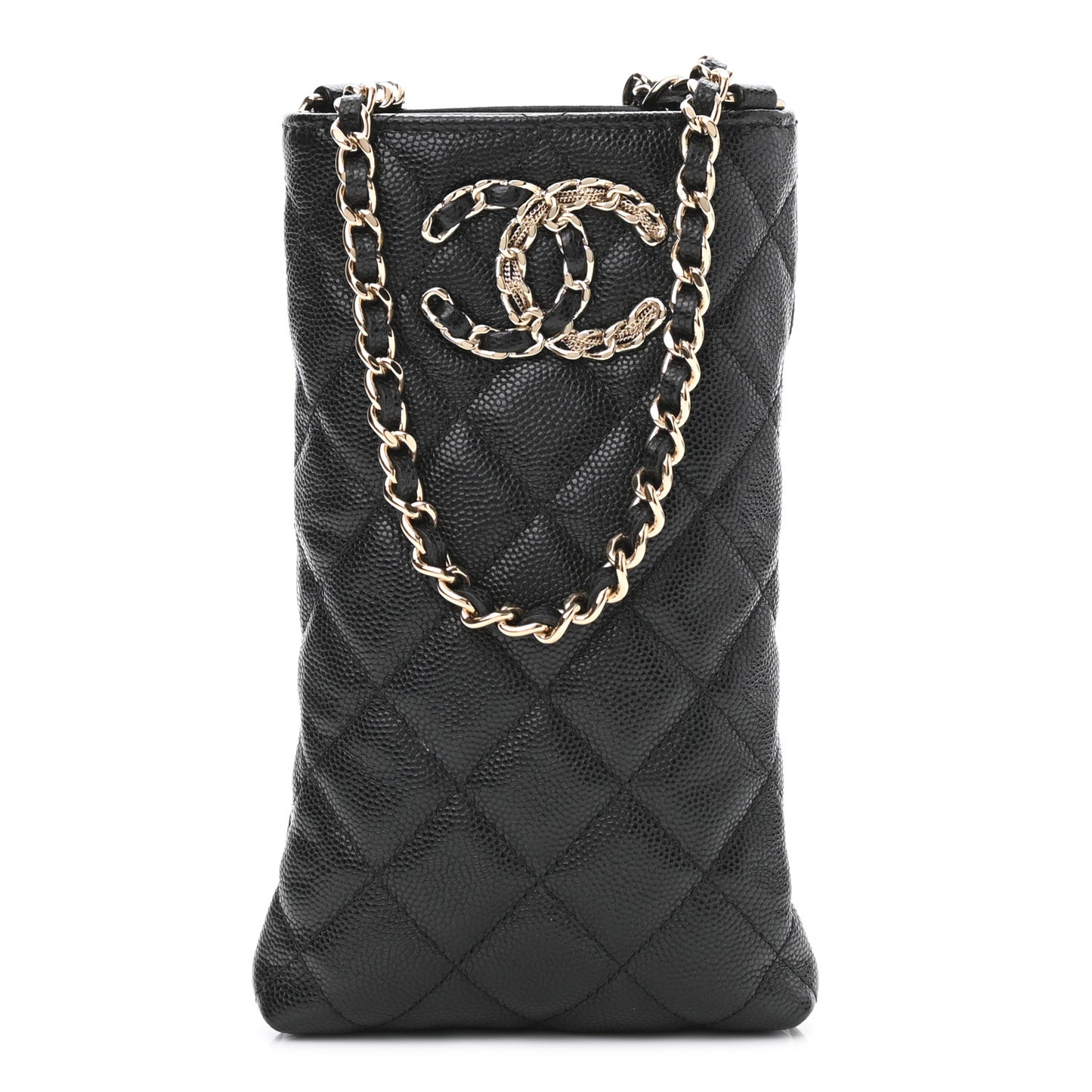 Caviar Quilted French New Wave Phone Holder With Chain Black