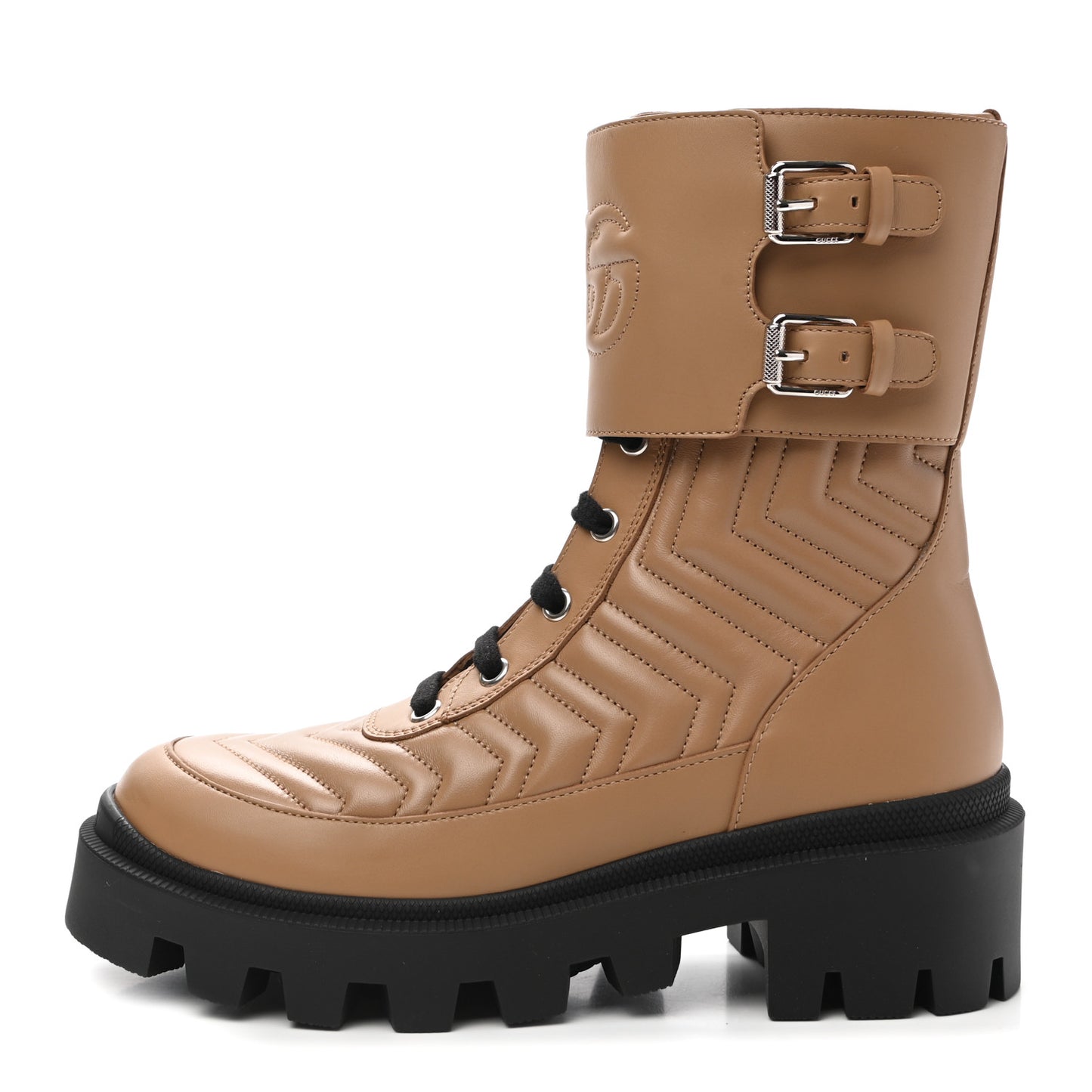 Nappa Frances GG Matelasse Platform Combat Boots 36 Natural Tan