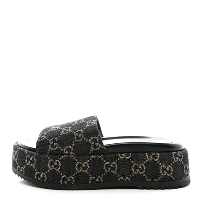 Gucci Jacquard Black Denim GG Monogram Angelina Platform 55mm Slide Sandals 38 Black Ivory 1 of 9