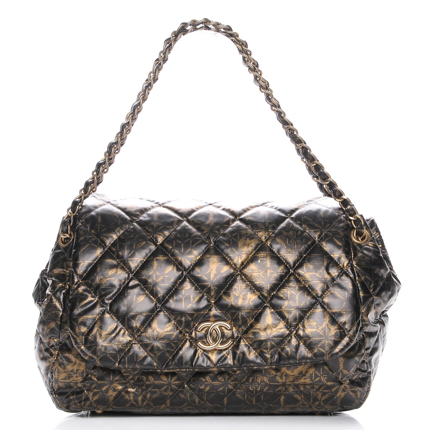 Nylon Printed Quilted Accordion Flap Black Gold