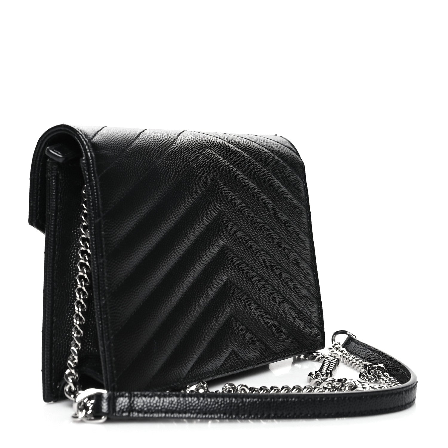 Saint Laurent Grain De Poudre Matelasse Chevron Monogram Envelope Chain Wallet Black 3 of 13