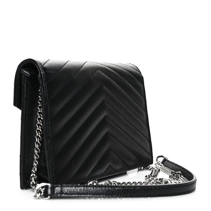 Saint Laurent Grain De Poudre Matelasse Chevron Monogram Envelope Chain Wallet Black 3 of 13