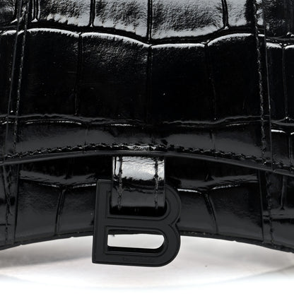 Balenciaga Shiny Calfskin Monochrome Crocodile Embossed Hourglass Top Handle Bag Mini Black 7 of 9