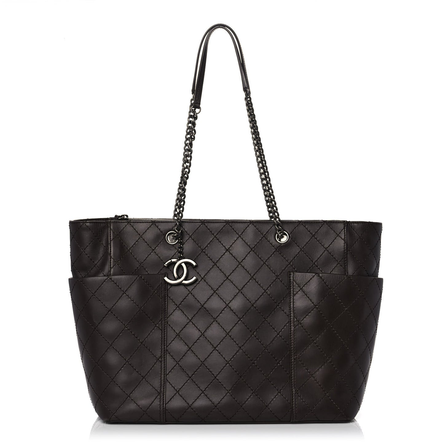 Calfskin Stitched CC Pocket Shopping Tote Dark Brown