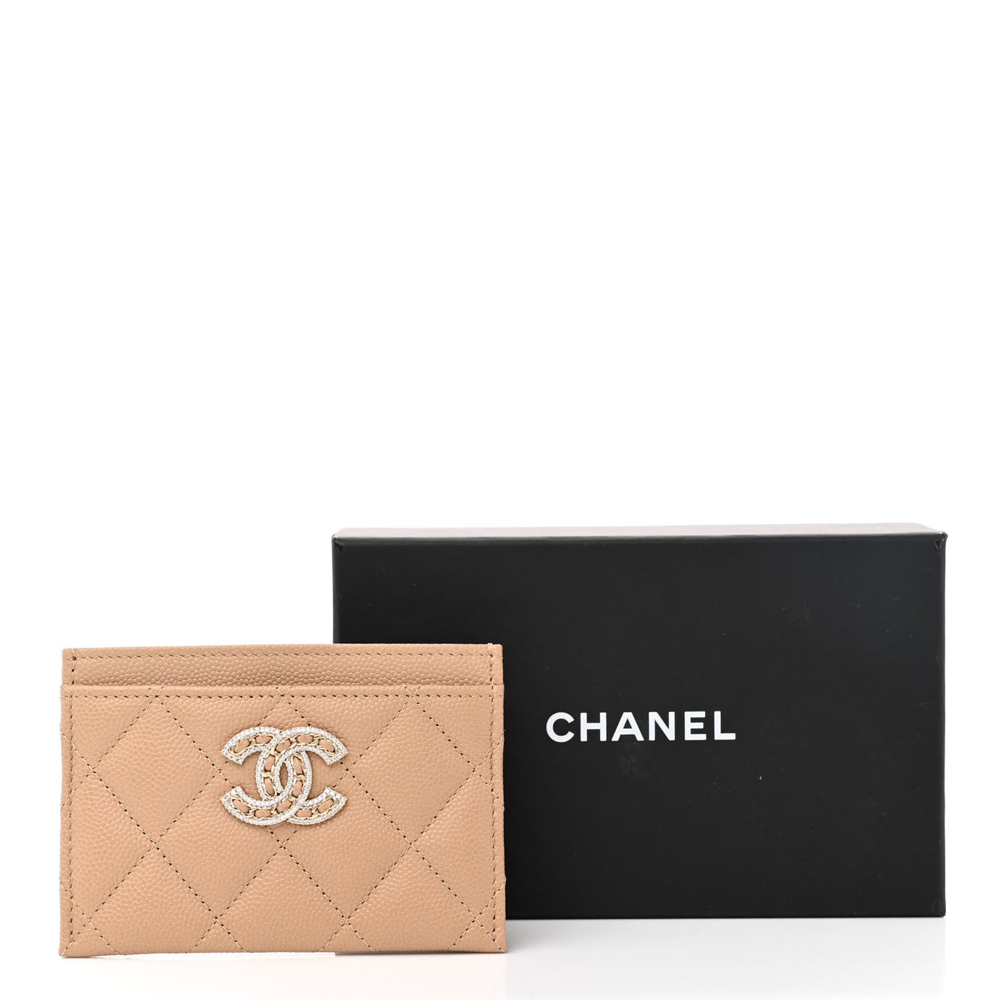 Caviar Quilted Crystal Card Holder Beige