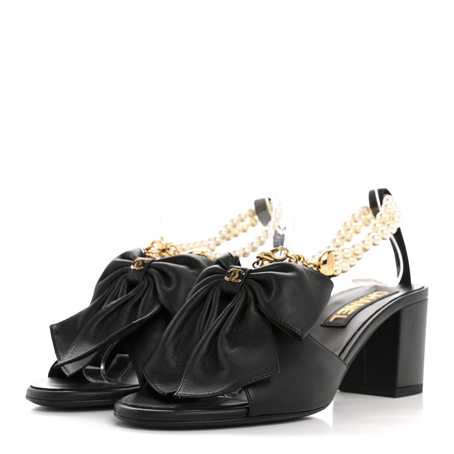 Chanel Lambskin Pearl Bow CC Ankle Strap Sandals 37 Black 4 of 10