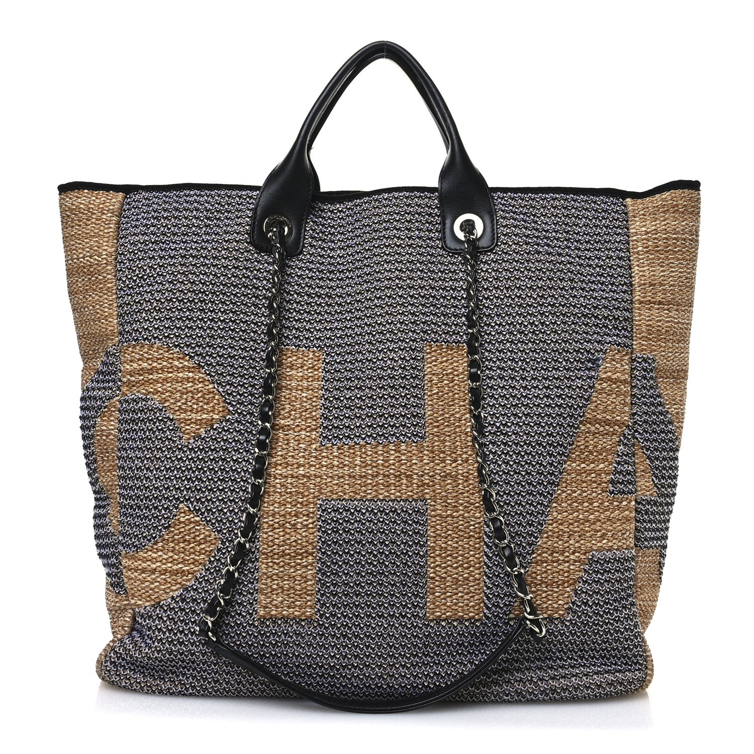 Chanel Woven Straw Raffia Logo Tote Blue Beige 1 of 12